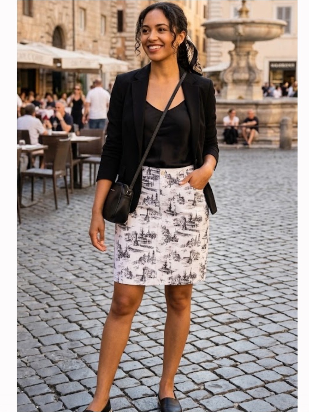 Charter Club White Skirt with Black Scenic Print
